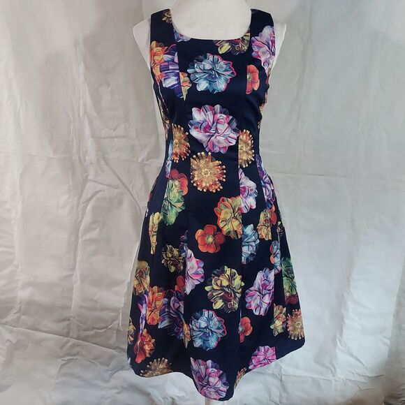 FROCK SHOP Blue Floral Print Fit n Flare Dress w Pockets Womens Size Small Flowy - Picture 2 of 10